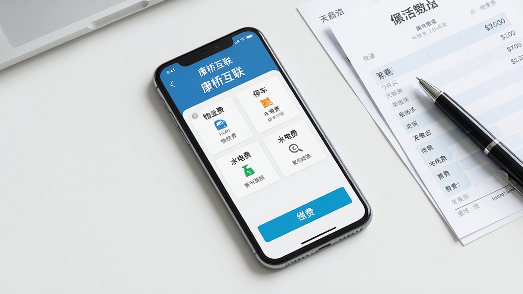 画面中一部手机平放在桌面上,屏幕显示“康桥互联”应用的生活缴费页面,页面中包含物业费、停车费、水电费等缴费入口;手机旁边有一张账单和一支笔;背景为简洁的办公桌面;布局采用俯视角度,手机居中;风格为简约商务风格;细节上屏幕界面清晰,缴费按钮醒目;画质为高清,画面干净,无多余元素。