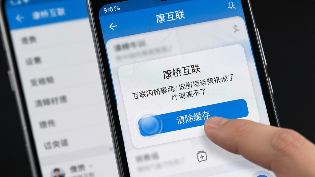 画面中一部安卓手机显示“康桥互联”应用出现闪退错误提示,旁边有一只手正在点击“清除缓存”按钮;背景为手机设置界面的模糊虚化;布局采用手机屏幕特写,突出错误提示与操作按钮;风格为科技感写实风格;细节上错误提示文字清晰,按钮有按压效果;画质为高清,画面干净,无多余元素。