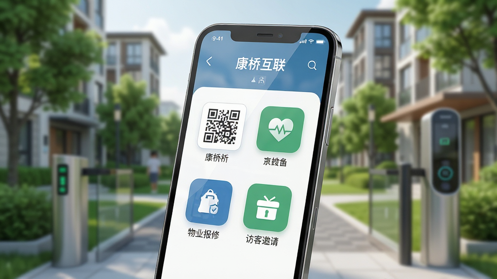 画面中央是一部智能手机,屏幕上显示着“康桥互联”应用的主界面,界面中包含门禁二维码、物业报修、访客邀请等功能图标;手机背景为现代化的智慧社区场景,有绿树、楼宇和智能门禁设备;整体布局采用居中构图,手机略微倾斜展示;风格为清新写实的扁平化UI风格;细节上屏幕有轻微反光,图标清晰可见,社区背景虚化;画质为高清4K,画面干净,无多余元素。