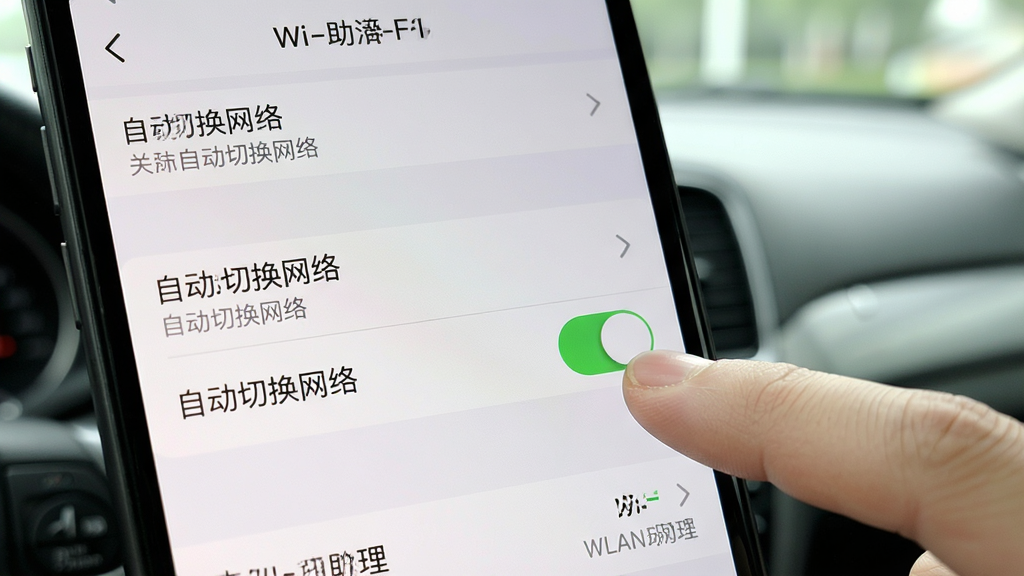 一张展示手机Wi-Fi设置界面中关闭“自动切换网络”选项的截图风格图片。画面主体是手机屏幕特写,手指正点击关闭一个名为“WLAN助理”或“自动切换网络”的开关按钮。背景是模糊的车内环境。风格为操作指引截图。细节包括设置菜单的文字、开关按钮的绿色和灰色状态对比。画质清晰,干净,无多余元素。