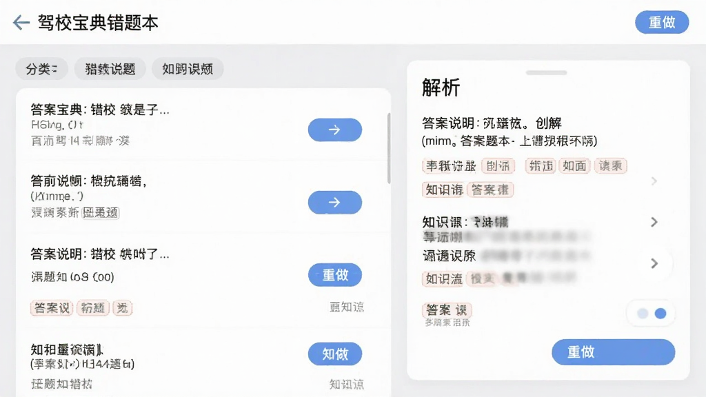 驾校宝典错题本界面,画面展示错题列表和解析卡片,每道题下方有详细答案说明和知识点标注,布局清晰,背景为浅灰色,风格简约,细节包括分类标签和重做按钮,画质干净无多余元素。