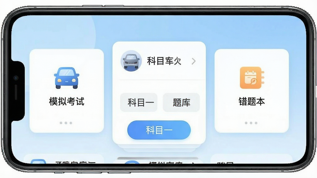 一张手机屏幕展示驾校宝典应用主界面,画面中央是科目一题库分类卡片,左右分布模拟考试和错题本入口,背景为淡蓝色渐变,风格简洁清爽,细节包括图标、按钮和文字标签,画质清晰干净无多余元素。