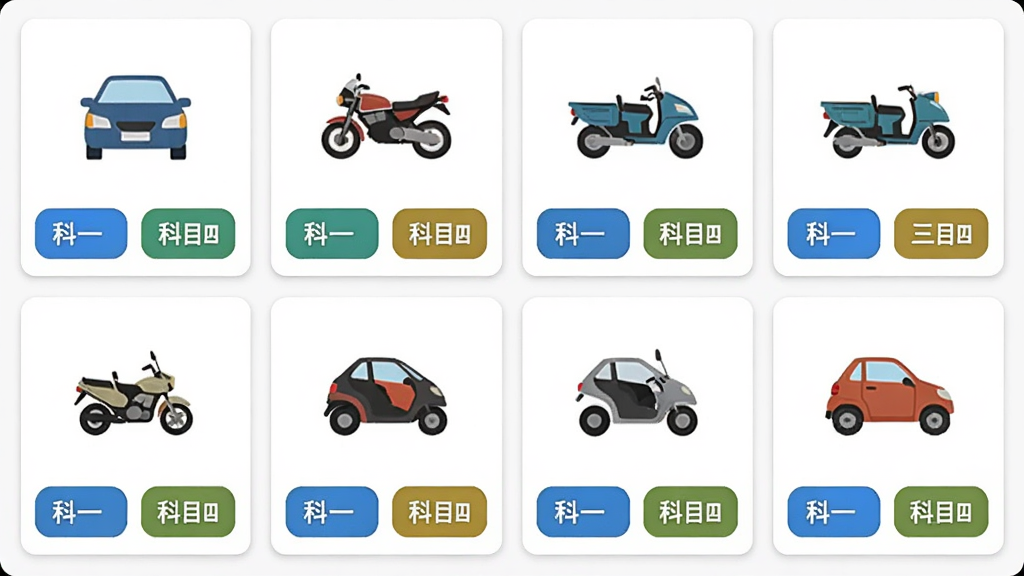 驾校宝典应用内题库切换界面截图风格,画面展示多个车型图标排列,包括小车、摩托车、三轮车等,每个图标下方标注科目一和科目四按钮,布局整齐,背景为白色卡片式设计,风格扁平化,细节清晰,画质干净无多余元素。