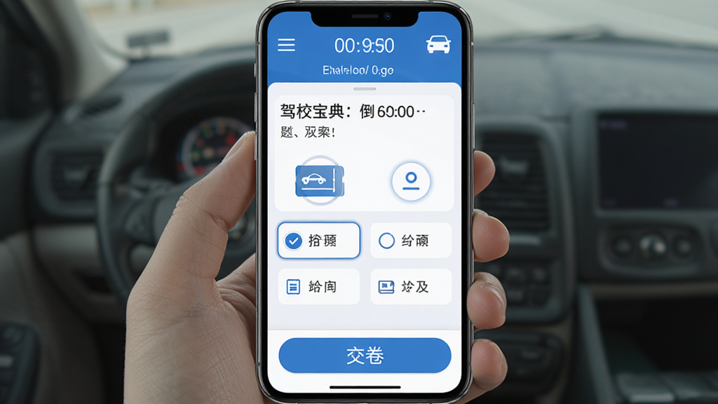 驾校宝典模拟考试界面,手机屏幕显示一道选择题和四个选项,顶部有倒计时和题号进度,底部有交卷按钮,界面风格与真实考场系统相似,配色以蓝白为主,细节包括选中状态和答题卡图标,画质清晰干净无多余元素。