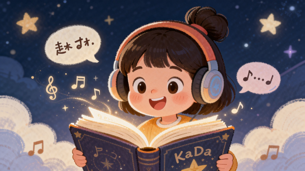 KaDa阅读 趣味互动与有声伴读功能展示,画面主体为一个戴着耳机的小女孩正对着一本发光的魔法书微笑,书本上方飘出音符和对话气泡,布局采用中心构图,风格为温馨的卡通手绘风,细节包含背景有柔和的星空和云朵,画质细腻,干净,无多余元素。