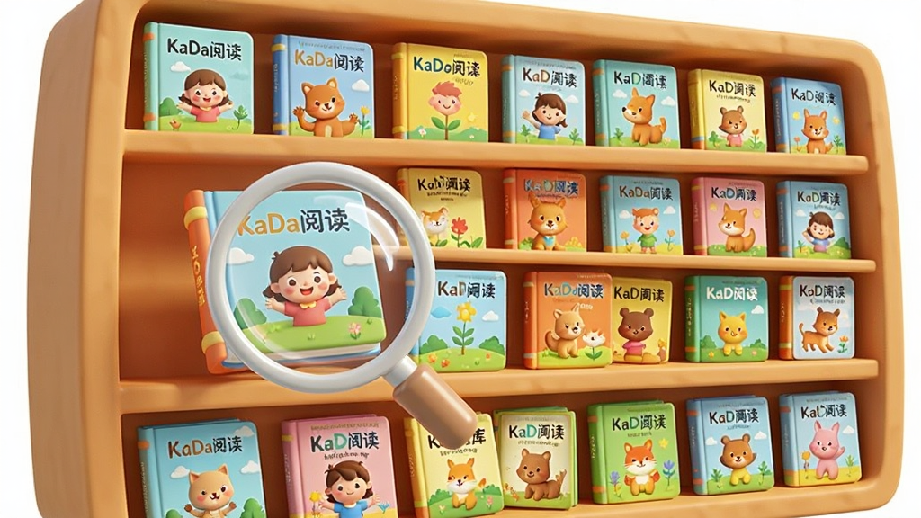 KaDa阅读 海量正版资源库功能展示,画面主体为一个巨大的虚拟书架,书架上整齐排列着五颜六色的儿童绘本,每本书的封面都清晰可见,布局采用三分法构图,风格为3D渲染卡通风格,细节包含书架旁有一个放大镜图标正在聚焦一本书,画质明亮,干净,无多余元素。