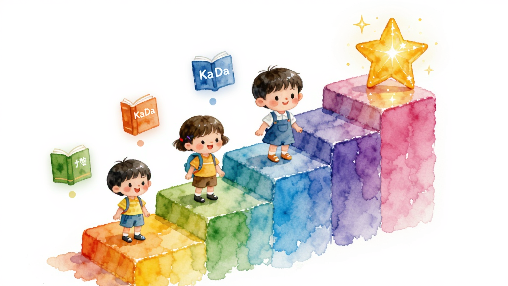 KaDa阅读 智能分龄阅读体系展示,画面主体为一条彩虹色的成长阶梯,阶梯上分别站着不同年龄段的卡通儿童形象,每个阶梯旁漂浮着对应的书籍图标,布局采用对角线构图,风格为清新水彩风,细节包含阶梯顶端有一颗闪亮的星星,画质柔和,干净,无多余元素。