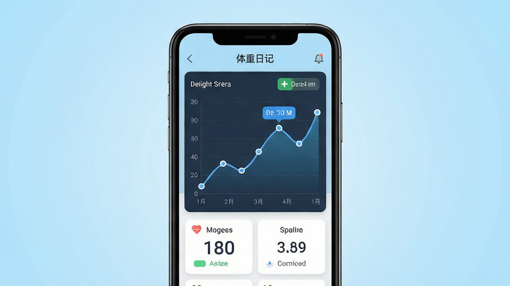体重日记软件主界面展示,画面中央是一部智能手机,手机屏幕上显示体重记录曲线图和数字面板,背景为干净的浅蓝色渐变,布局简洁明了,排版居中,风格为现代扁平化UI设计,细节包括体重数字、日期标签、折线图节点,画质高清,画面干净,无多余元素