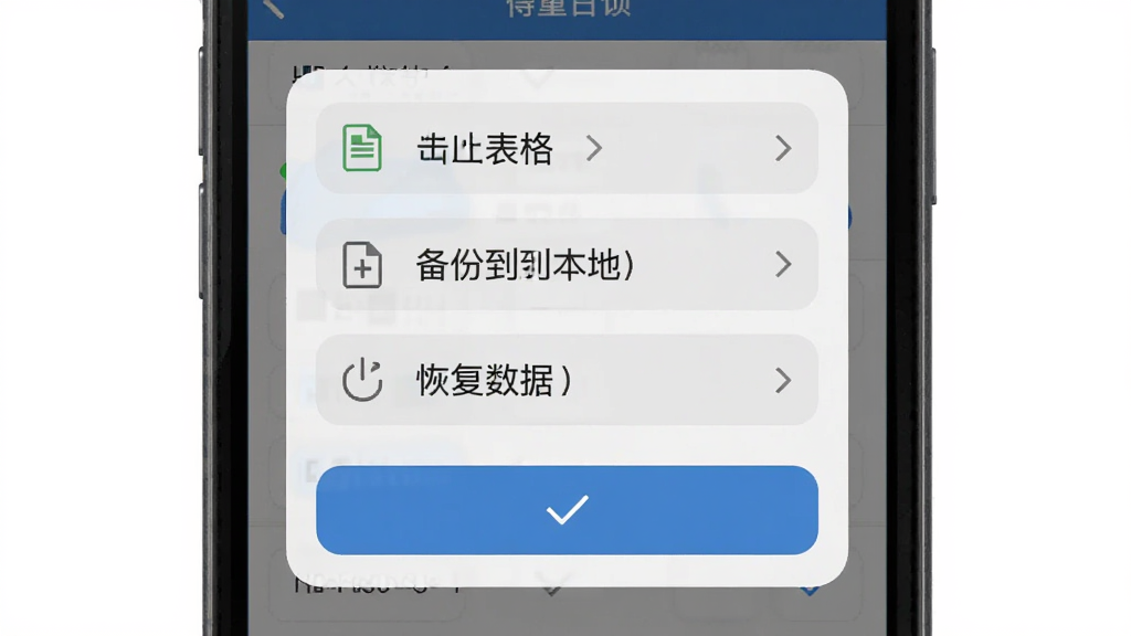 体重日记数据导出备份界面,画面为手机屏幕显示导出选项菜单,菜单中包含导出表格、备份到本地、恢复数据等按钮,布局为弹出式面板,排版简洁,风格为实用工具类设计,细节包括文件图标、箭头指示、确认按钮,画质清晰,画面干净