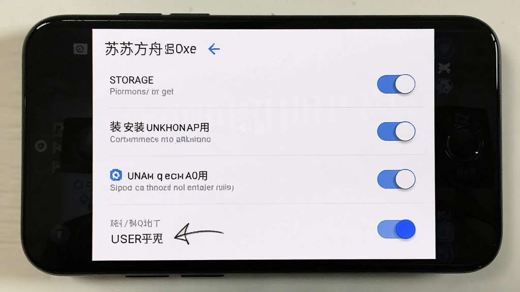 一张展示苏苏方舟盒子在手机上运行时的权限设置界面截图,画面中显示应用权限管理列表,包含存储、安装未知应用等选项,用户正在手动开启权限。界面为安卓原生风格,白色背景,蓝色开关按钮,文字清晰,布局规整,画质干净,无多余元素,手机外框为黑色圆角,写实风格。