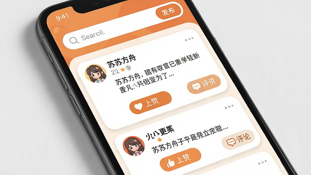 一张展示苏苏方舟盒子社区互动界面的手机截图,画面中显示玩家发布的帖子列表,包含头像、昵称、文字内容和点赞评论按钮,顶部有搜索框和发布按钮。整体色调为暖橙色与白色搭配,界面友好活泼,图标圆润,排版舒适,画质清晰,无多余装饰,手机屏幕外有轻微阴影,写实风格。