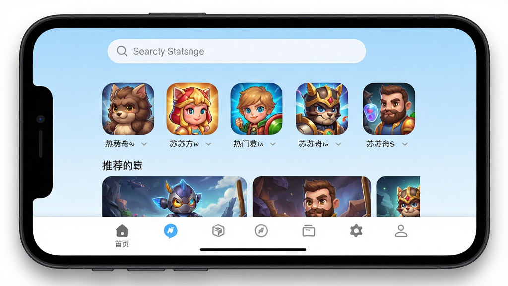 一张展示苏苏方舟盒子主界面的手机应用截图,画面中央是软件首页,顶部有搜索栏,中间排列着热门游戏图标与推荐位,底部导航栏清晰可见。整体风格简洁现代,背景为淡蓝色渐变,图标色彩鲜艳,画质清晰干净,无多余元素,手机屏幕外框为深色圆角边框,周围有柔和光影,写实风格,高清画质。
