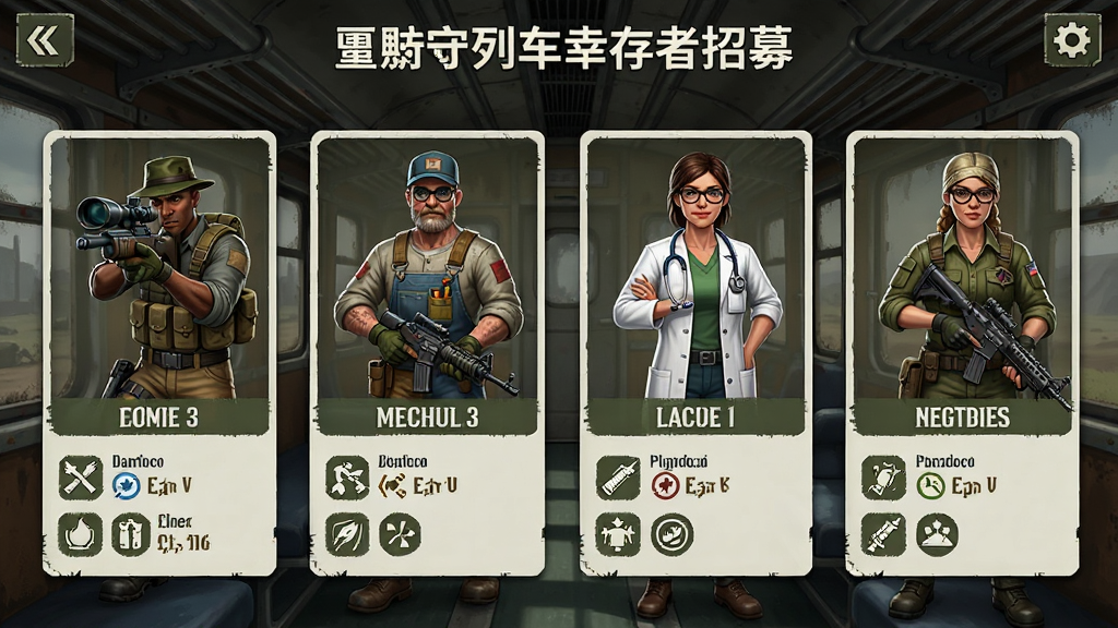 僵尸列车幸存者招募界面,展示几位不同职业的幸存者站在列车车厢内,布局为角色卡片式排列,排版展示每个角色的职业和技能,风格为末日生存游戏角色界面风格,细节包括狙击手、机械师、医生等角色形象,画质高清,画面干净,无多余元素