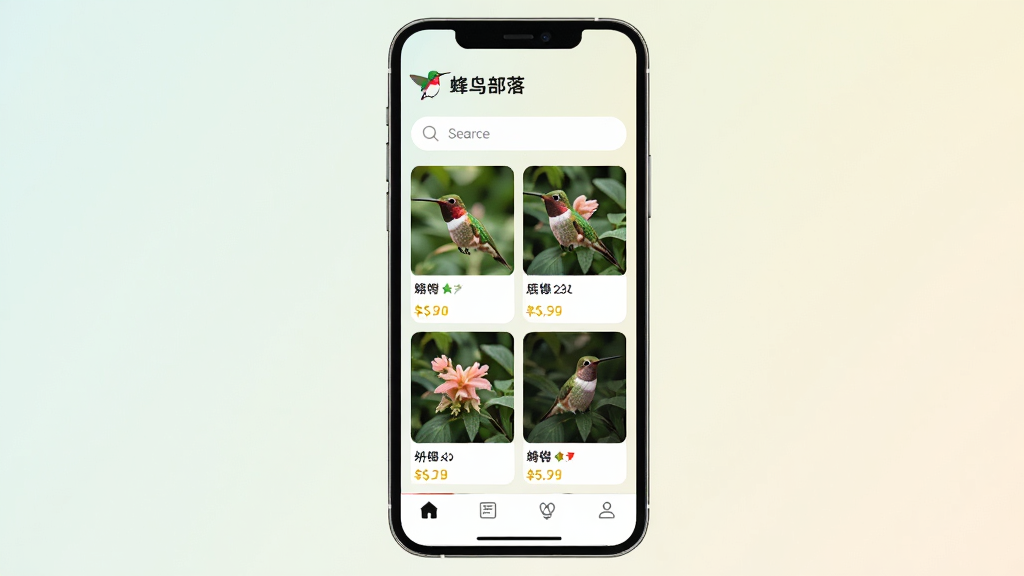蜂鸟部落应用主界面,手机屏幕居中展示,上方为蜂鸟部落Logo与搜索框,中部为商品瀑布流卡片,下方为导航栏,背景浅色渐变,风格简洁清新,细节包含商品缩略图与价格标签,画质高清,干净,无多余元素
