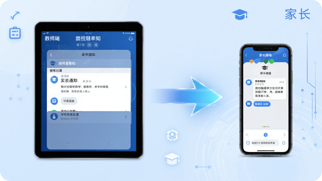 微校随申学实时家校互通功能界面,画面左侧显示教师端发布通知的平板电脑,右侧显示家长端接收消息的手机,中间用发光箭头连接表示信息实时传递,背景为淡蓝色渐变,整体布局左右对称,风格商务科技感,细节图标清晰,画质干净无多余元素