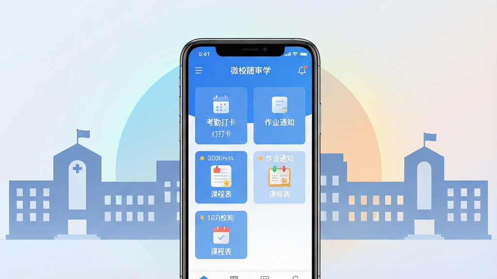 微校随申学软件主界面全貌展示,画面中央放置一部智能手机,屏幕显示蓝色调校园应用首页,包含考勤打卡、作业通知、课程表等模块图标,背景为简洁的校园建筑剪影与柔和渐变光晕,整体布局居中对称,风格清新现代扁平化,细节清晰文字锐利,画质干净无多余元素