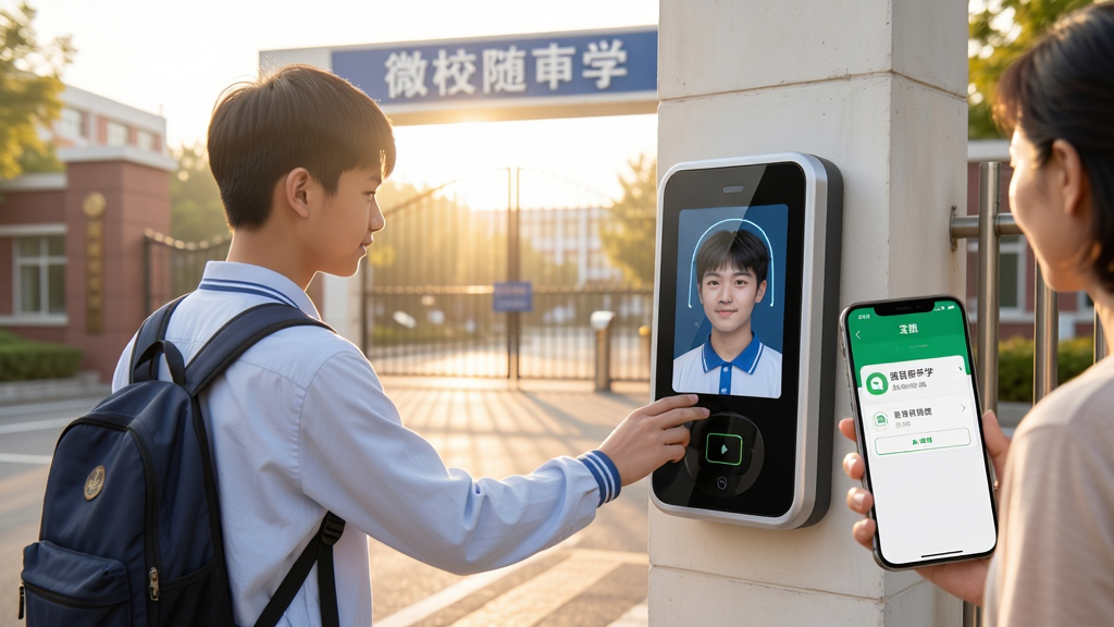 微校随申学智能考勤管理场景图,画面展示一名学生站在校门口使用人脸识别设备完成签到,旁边家长手机屏幕弹出到校通知,背景为清晨阳光下的学校大门,整体布局人物居左设备居右,风格写实明亮,细节清晰,画质干净无多余元素