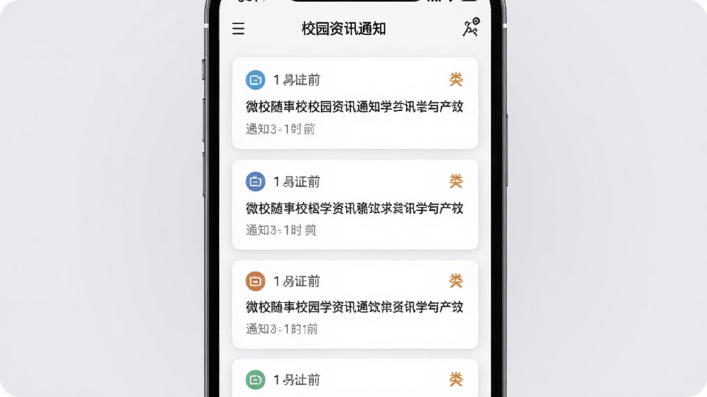 微校随申学校园资讯通知列表界面,画面中央展示手机屏幕内滚动显示多条学校通知卡片,卡片带有时间标签与分类图标,背景为柔和浅灰色,整体布局居中垂直排列,风格清新极简,细节文字清晰可辨,画质干净无多余元素