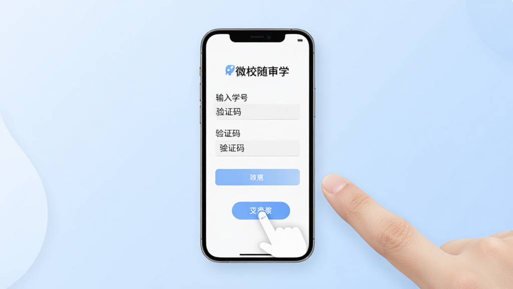 微校随申学账号绑定流程界面展示,画面中手机屏幕显示输入学号与验证码的页面,旁边有手指点击按钮的动作示意,背景为柔和淡蓝色渐变,整体布局手机居中手指从右侧介入,风格简洁操作指引风,细节界面元素清晰,画质干净无多余元素
