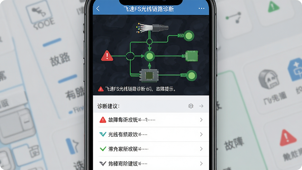 飞速FS光纤链路诊断界面,主体为手机屏幕显示链路拓扑简图与故障提示文字,布局为上方拓扑图,下方列表展示诊断建议,排版清晰,风格为浅色专业工具风,细节包含红色警示图标、绿色正常节点、光纤连接线,画质高清,干净,无多余元素
