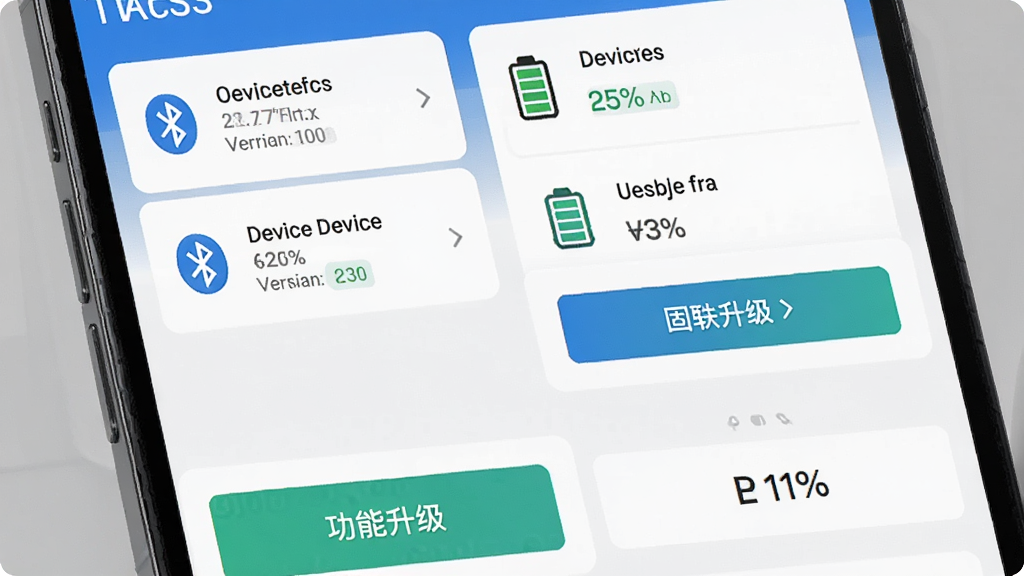 飞速FS设备管理界面,主体为手机屏幕显示已连接设备卡片与固件升级按钮,布局为上方设备信息卡,下方功能按钮列表,排版模块化,风格为现代简约风,细节包含蓝牙图标、电量百分比、版本号标签,画质高清,干净,无多余元素