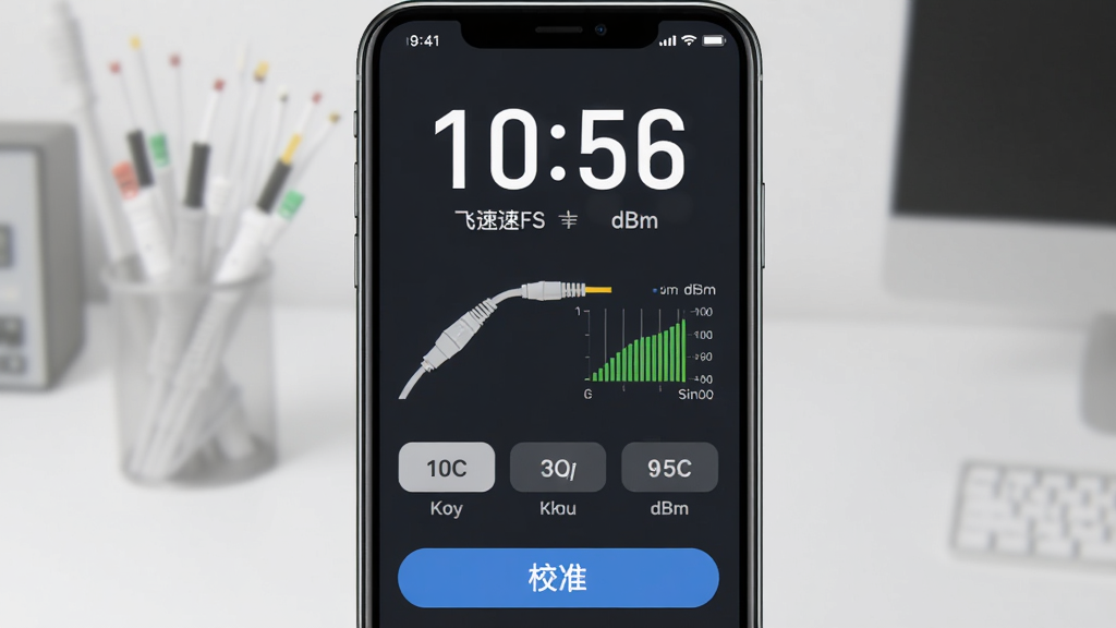 飞速FS光功率检测功能界面,主体为手机屏幕显示光功率数值与波长切换按钮,布局为上方大号数字读数,下方排列波长选项与校准按钮,排版竖向分布,风格为扁平化科技风,细节包含光纤跳线连接示意、信号强度条、单位dBm标识,画质高清,干净,无多余元素