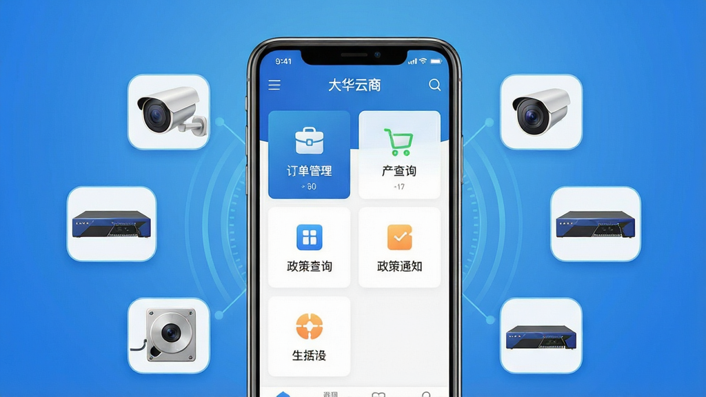一张展示大华云商移动应用界面的场景图,画面中央是一部智能手机,屏幕上显示着大华云商的首页,包含订单管理、产品查询、政策通知等图标模块,手机周围环绕着安防摄像头、网络硬盘录像机等设备的小图标,背景是简洁的蓝色渐变商务风格,布局居中对称,风格现代科技感,细节清晰,画质明亮干净,无多余元素