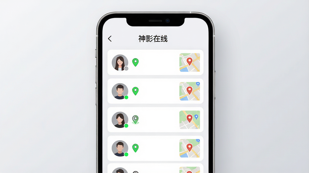 一张AI生成的图片,画面展示一部手机屏幕内显示多个用户头像排列成列表,每个头像旁有位置图标和在线状态圆点,手机上方标题为“神影在线”多设备管理界面,布局为手机居中、背景为浅灰色渐变,风格为极简清新UI风格,细节包括绿色在线指示灯和地图缩略图,画质高清,干净无多余元素