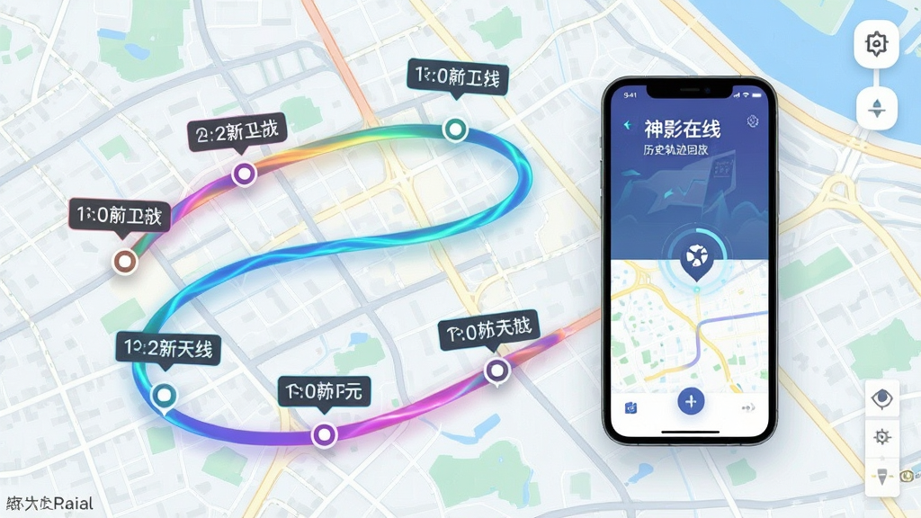一张AI生成的图片,画面展示一条弯曲的彩色轨迹线覆盖在城市地图上,轨迹上有多个时间节点标记,手机界面悬浮在地图上方显示“神影在线”历史轨迹回放功能,整体布局为地图占背景、手机界面居中偏右,风格为清新简约科技风,细节包括时间标签和起终点图标,画质高清,干净无多余元素