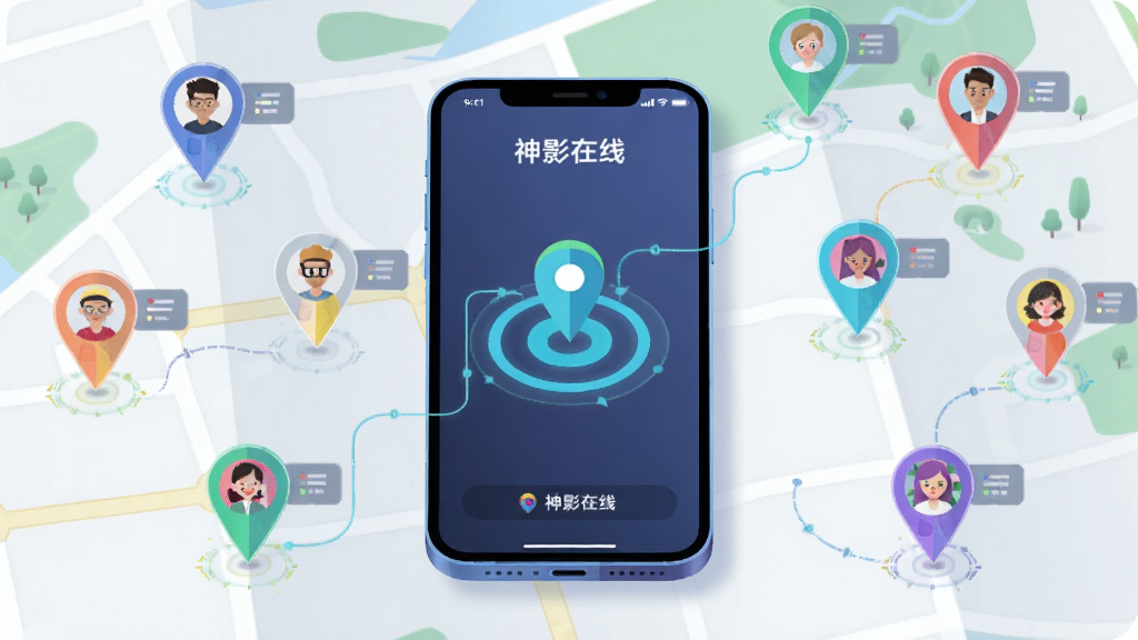 一幅AI生成的图片,画面主体是一部手机放置在地图背景上,手机屏幕显示“神影在线”的实时定位界面,地图上有多个彩色定位标记,每个标记旁有用户头像,布局为手机居中、地图铺满背景,风格为科技感扁平插画,细节包括定位光圈和连接线,画质高清,干净无多余元素