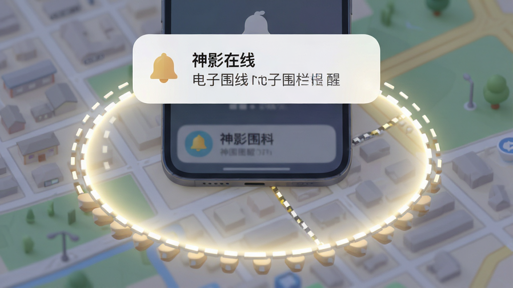一幅AI生成的图片,画面中心是一个圆形围栏光圈覆盖在街区地图上,光圈边缘有虚线标识,手机屏幕弹出“神影在线”电子围栏提醒通知,布局为地图铺底、通知弹窗位于画面上方,风格为柔和圆角扁平化设计,细节包括铃铛图标和围栏边界线,画质高清,干净无多余元素