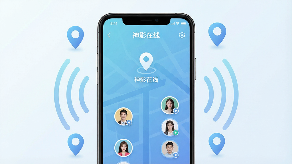 一张展示智能手机屏幕的图片,屏幕中央显示“神影在线”应用主界面,界面包含地图定位图标和多个用户头像标记,背景为浅蓝色渐变科技风格,手机周围环绕信号波纹和定位图钉元素,画面干净整洁,构图居中对称,风格现代简约,细节清晰,画质高清,无多余元素