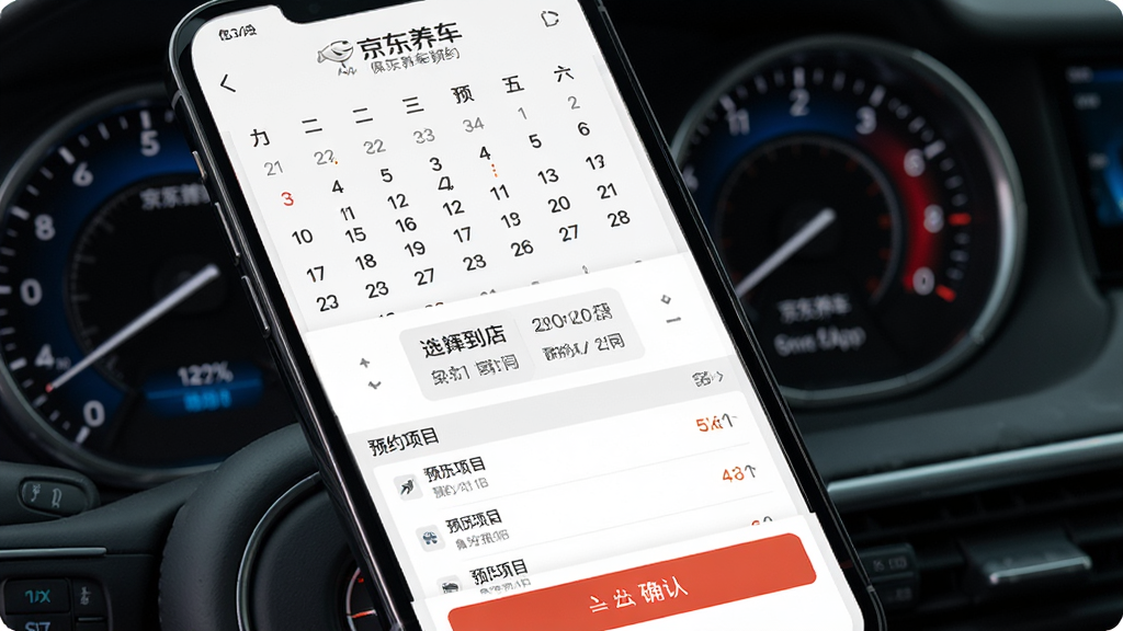 京东养车App在线预约界面,手机屏幕展示日历和时间选择器,用户正在选择保养到店时间,下方显示预约项目列表和确认按钮,背景为汽车仪表盘特写,风格科技感强,画质细腻,干净整洁