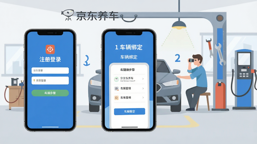 京东养车App使用教程示意图,手机屏幕展示注册登录和车辆绑定步骤,画面分为三个操作步骤标注,背景为简洁的汽车养护场景,风格扁平化,画质清晰,干净无多余元素