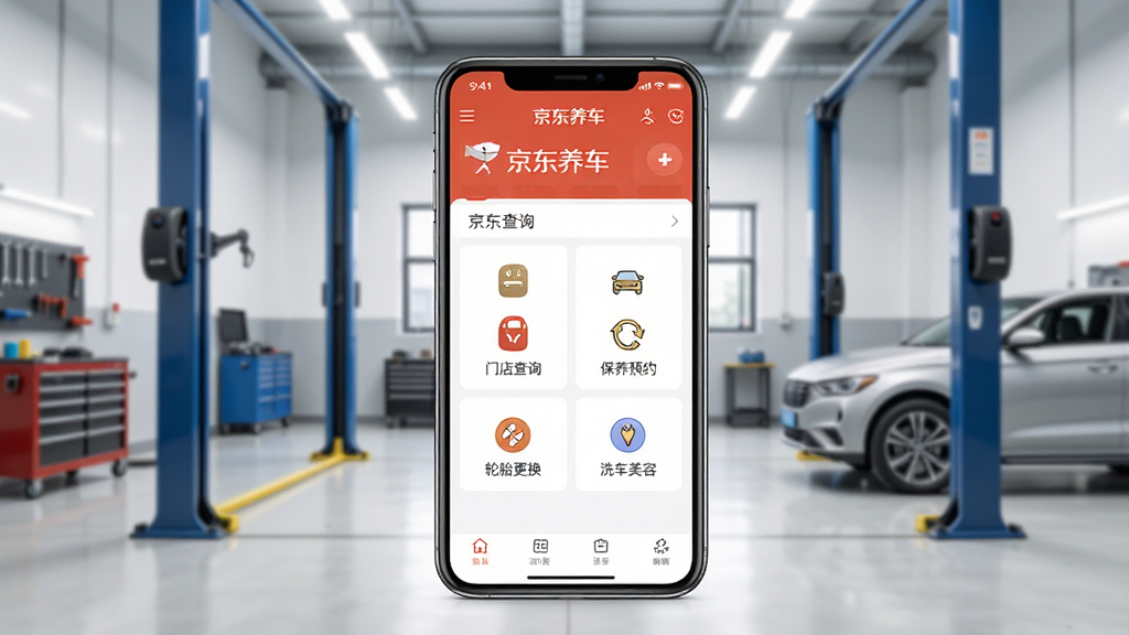 京东养车App主界面展示,画面中央是一部智能手机,屏幕上显示京东养车应用首页,包含门店查询、保养预约、轮胎更换、洗车美容等功能图标,背景是整洁的汽车养护车间,光线明亮,风格写实,细节清晰,画质高清,干净无多余元素