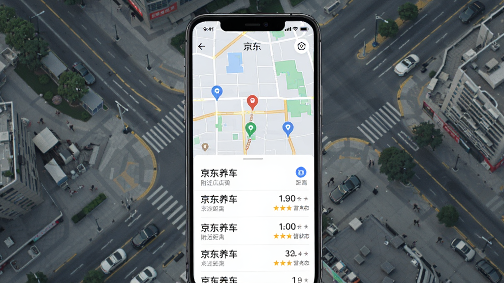 手机屏幕显示京东养车附近门店列表界面,地图上标注多个门店位置图标,下方列表展示门店名称、距离、评分和营业状态,背景为城市街道俯视图,风格简洁现代,画质清晰,无多余装饰元素