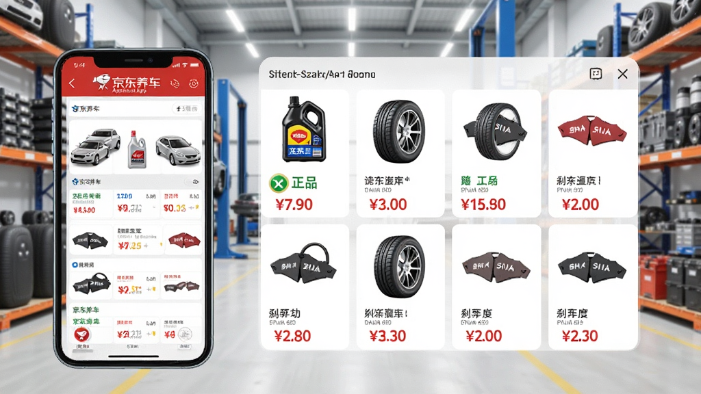 京东养车App配件商城界面,手机屏幕展示机油、轮胎、刹车片等汽车配件商品列表,带有正品标识和价格标签,背景为整洁的汽车配件仓库,风格明亮清晰,画质高清,无多余元素
