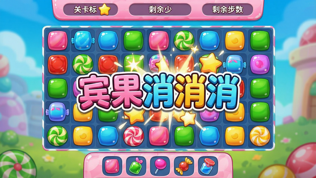 一款以清新糖果风格为主题的休闲消除游戏画面,主体为色彩缤纷的方形消除元素排列在棋盘格中,布局采用居中对称的棋盘式构图,顶部显示关卡目标与剩余步数,底部展示道具栏,整体风格为卡通可爱、明亮活泼,细节包含糖果光泽、爆炸特效星芒、连击数字飘字,画质高清、干净、无多余元素,画面中央带有醒目的游戏名称文字“宾果消消消”,整体色调以粉、蓝、黄、绿为主,营造轻松愉悦的氛围