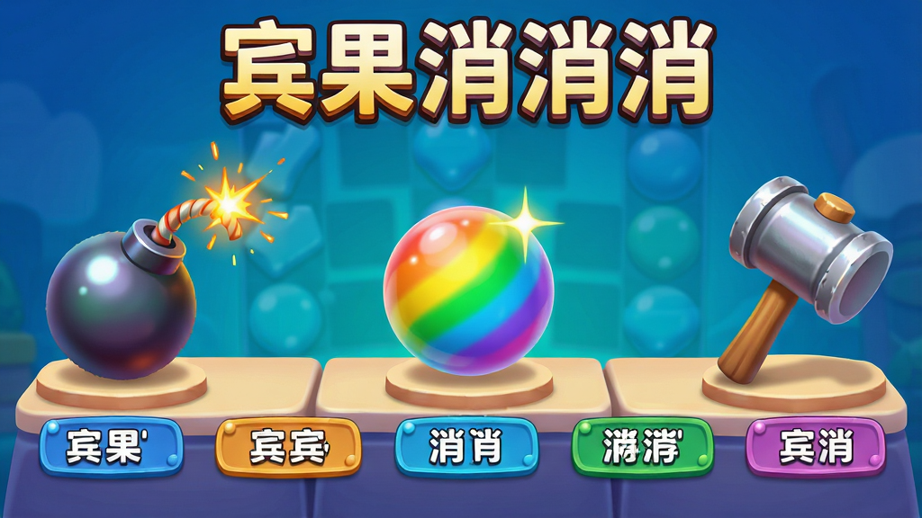 宾果消消消游戏道具展示画面,主体为五种不同功能的消除道具整齐排列,布局采用横向展台式构图,每个道具下方带有名称标签,风格为卡通立体、色彩鲜艳,细节包含炸弹道具的引线火花、彩虹球的七彩光泽、锤子的金属质感,画质高清、干净、无多余元素,画面顶部带有文字“宾果消消消”