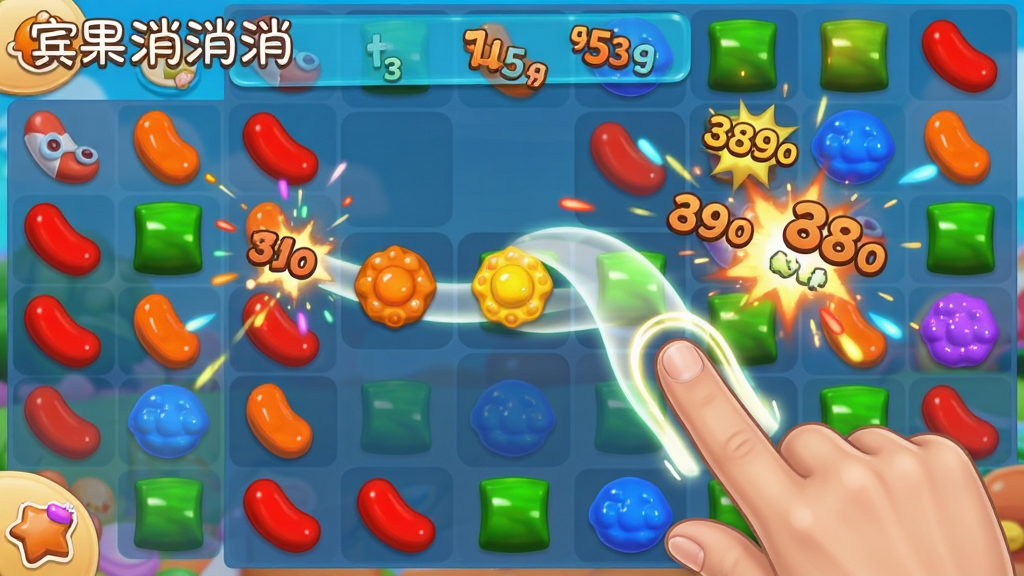 宾果消消消游戏内三消操作界面截图风格画面,主体为手指滑动连接三个相同糖果元素的瞬间,布局为手机竖屏棋盘居中,周围环绕彩色糖果与爆炸粒子特效,风格为卡通休闲、清新明亮,细节包含手指滑动轨迹光效、消除得分飘字、连击提示,画质高清、干净、无多余元素,画面中带有文字“宾果消消消”