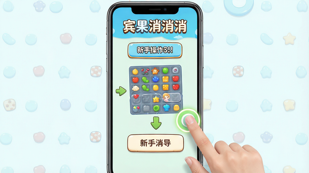 宾果消消消新手操作引导界面风格画面,主体为手机屏幕显示游戏新手教学提示,布局为竖屏居中展示滑动消除示范,风格为清新卡通、简洁明了,细节包含手指点击高亮、箭头指引、文字提示框,画质高清、干净、无多余元素,画面中带有文字“宾果消消消”