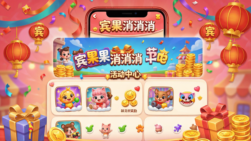 宾果消消消节日活动界面风格画面,主体为游戏内活动中心页面,布局为手机屏幕展示活动横幅与奖励列表,风格为喜庆热闹、卡通可爱,细节包含彩带、灯笼、礼盒、金币堆叠,画质高清、干净、无多余元素,画面中带有文字“宾果消消消”