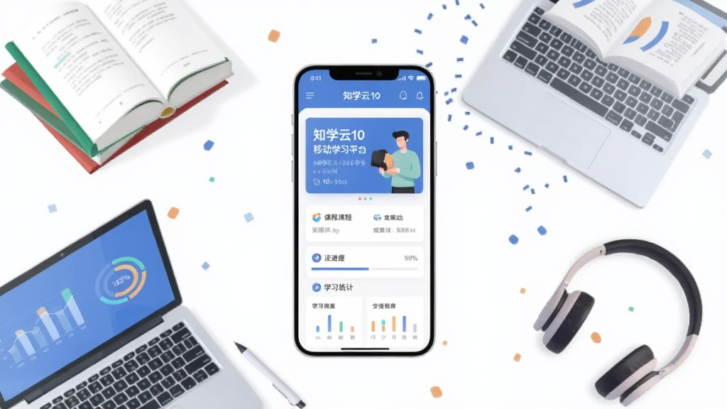 一张展示知学云10移动学习平台的场景图,画面主体是一部智能手机屏幕显示知学云10课程界面,周围环绕着书籍、笔记本电脑、耳机等学习元素,布局采用中心辐射式构图,排版简洁现代,风格为扁平化商务插画,细节包括课程卡片、进度条、学习统计图表,画质高清干净无多余元素