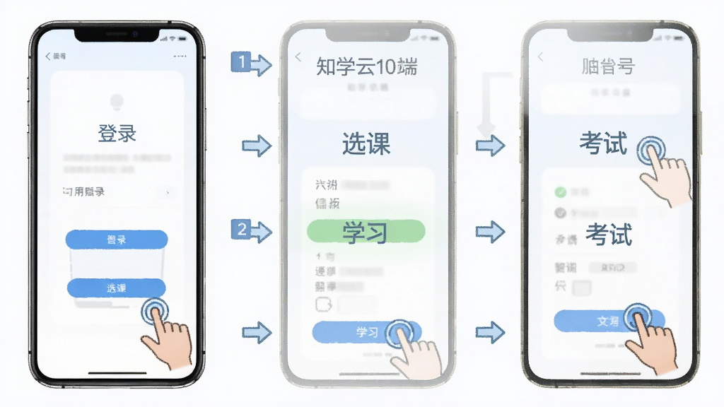 一张展示知学云10手机端学习操作步骤的示意图,画面以手机界面为主,分步骤展示登录、选课、学习、考试四个环节,布局为纵向流程图形式,风格为清新简约的UI展示风,细节包括步骤编号、箭头指引和操作手势图标,画质清晰干净无多余元素
