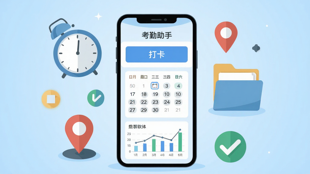 画面中央放置一部智能手机,手机屏幕上显示“考勤助手”应用界面,界面中有打卡按钮、考勤日历和统计图表,手机周围环绕着时钟、定位图标、文件夹和勾选标记等元素,采用扁平化插画风格,背景为浅蓝色渐变,整体布局简洁明快,细节清晰,画质干净,无多余元素,适合软件下载站配图