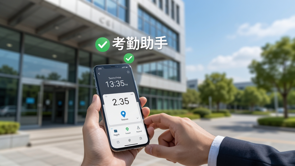 画面中一位职场人士站在办公楼下,手持手机完成打卡操作,手机上方浮现出“考勤助手”字样和绿色对勾图标,背景有办公楼、树木和蓝天,采用写实风格,构图以上下分层布局,细节包括手机界面上的时间显示和定位标识,画质清晰,干净整洁,无多余元素