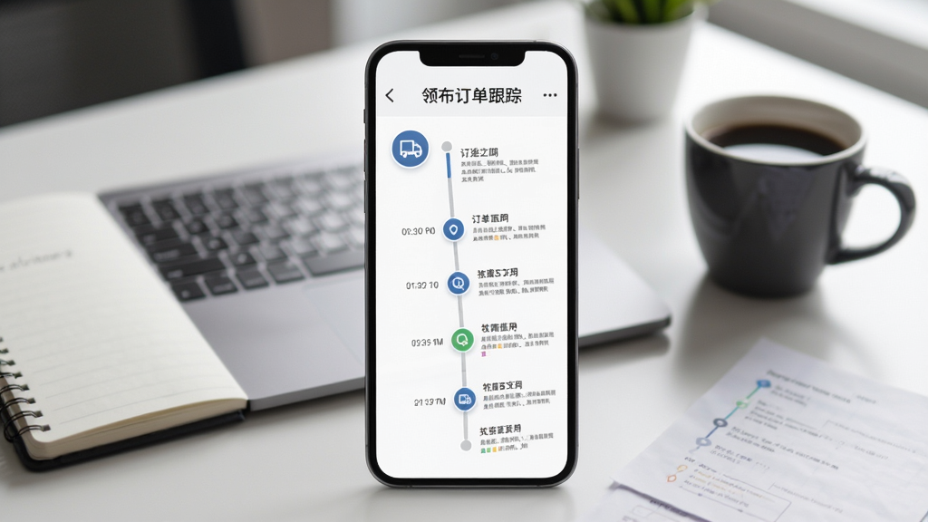 领布订单跟踪页面,手机屏幕显示订单时间轴和物流信息,背景为办公桌面,有笔记本和咖啡杯,风格现代商务,细节表现图标和文字排版,画质高清,无多余装饰