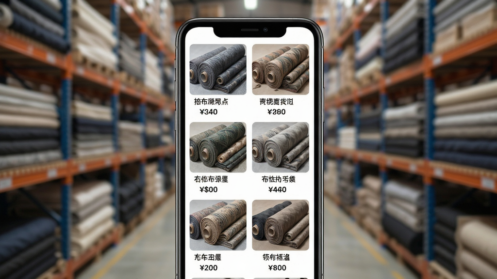领布海量布料货源界面,画面展示手机屏幕内整齐排列的布料缩略图网格,每张图下方有品名和价格,背景为纺织仓库货架,光线柔和,风格写实,细节表现布卷质感,画质清晰,干净无杂乱