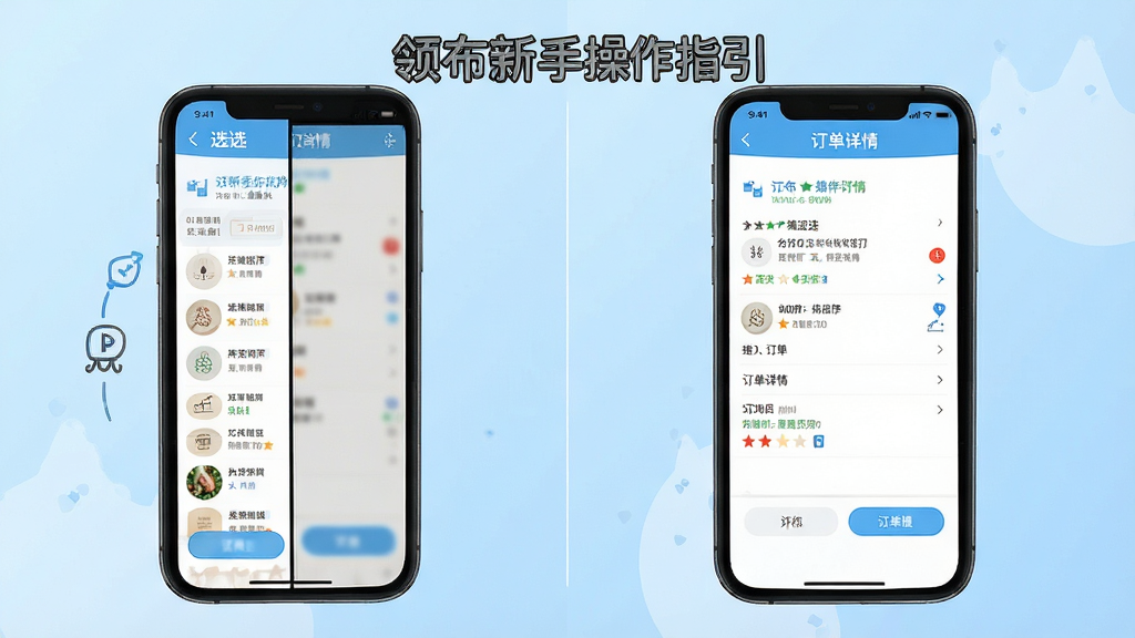 领布新手操作指引图,画面展示手机屏幕分屏对比,左侧为筛选界面,右侧为订单详情,背景为浅蓝色渐变,风格简洁教学,细节清晰,画质干净,无多余元素