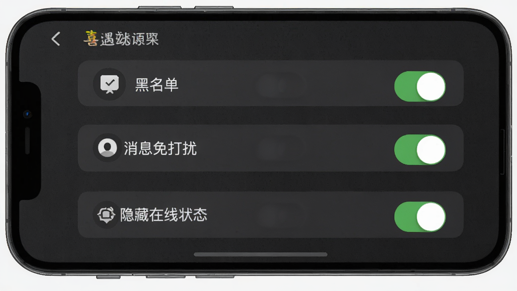 喜遇应用隐私设置页面,手机屏幕正视图,屏幕内显示黑名单、消息免打扰、隐藏在线状态等开关选项,界面为深灰质感风格,布局规整,细节清晰,画质干净,无多余图标干扰